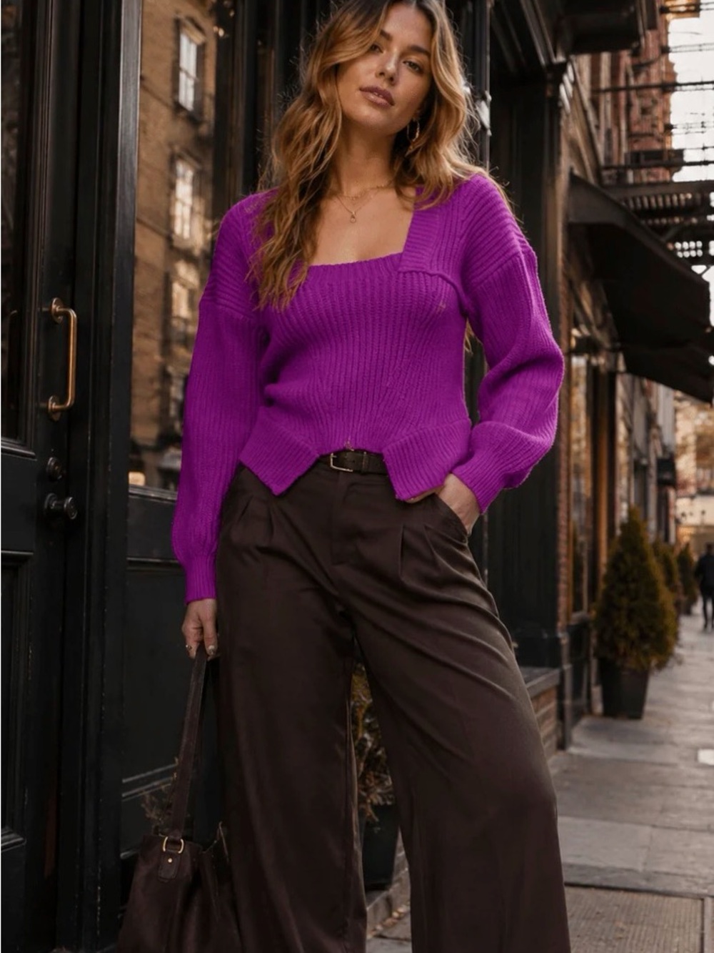 A554. Square Neck Ribbed Sweater - Purple - Picture 1 of 4